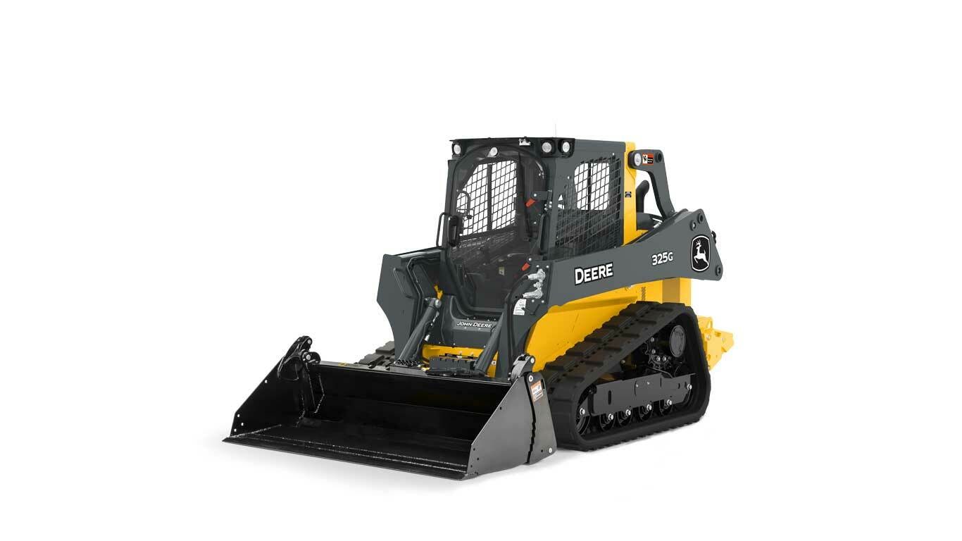 MP84B multipurpose bucket on 325G Tracked Skid Steer on a white background