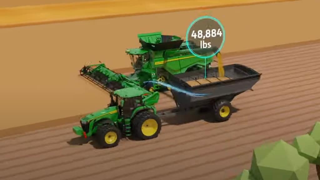 Combine and tractor rendering showing weight of grain bin.