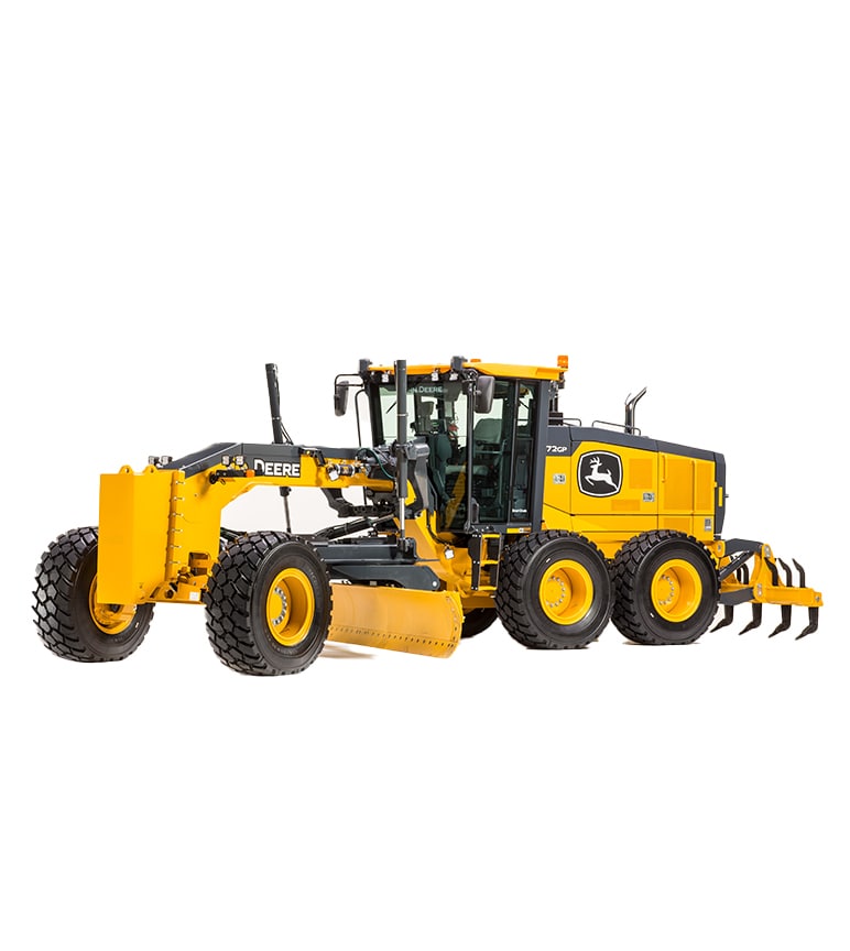 Yellow John Deere motor grader with large tires and a front blade, shown on a white background.