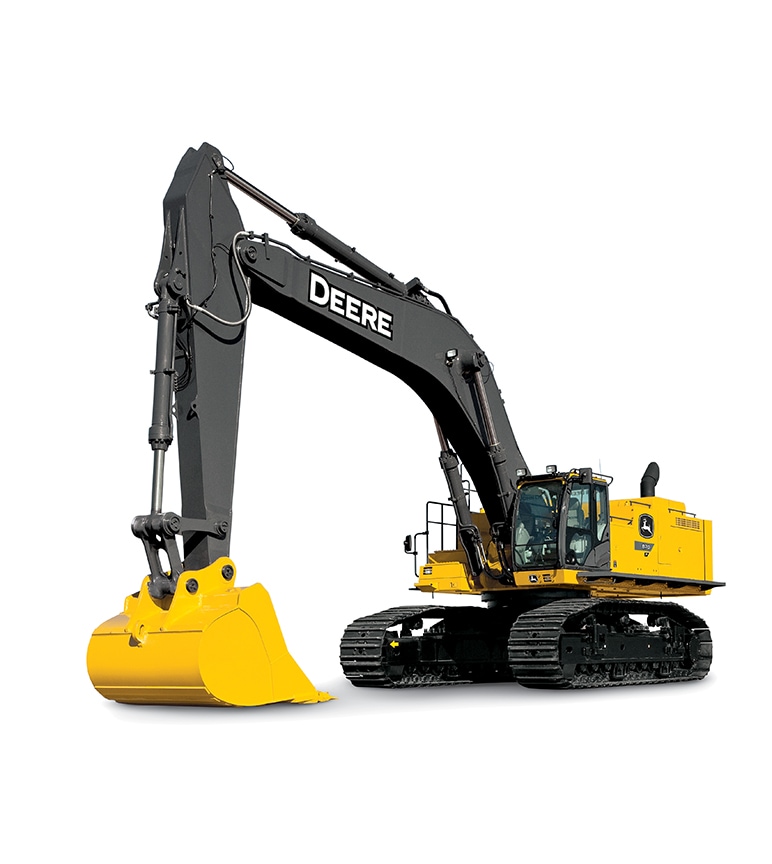 Yellow and black excavator with 'DEERE' on the arm, featuring a large bucket and crawler tracks.