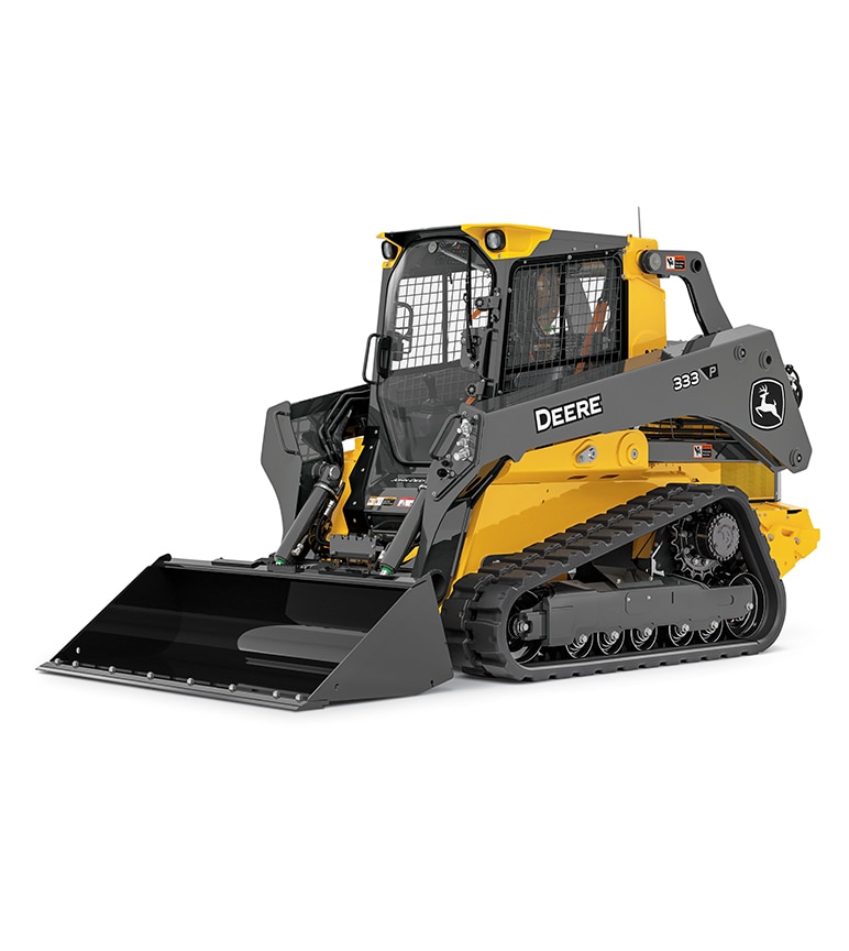 Yellow and black John Deere 333G compact track loader with a front bucket attachment.
