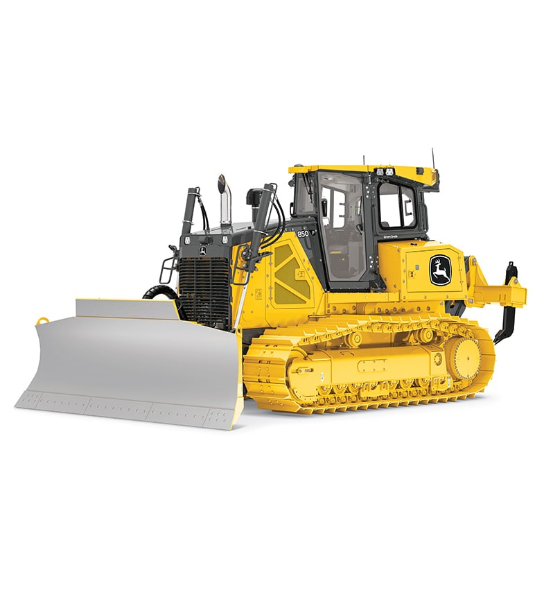 Yellow bulldozer with a large front blade and caterpillar tracks, viewed from the front-left side.
