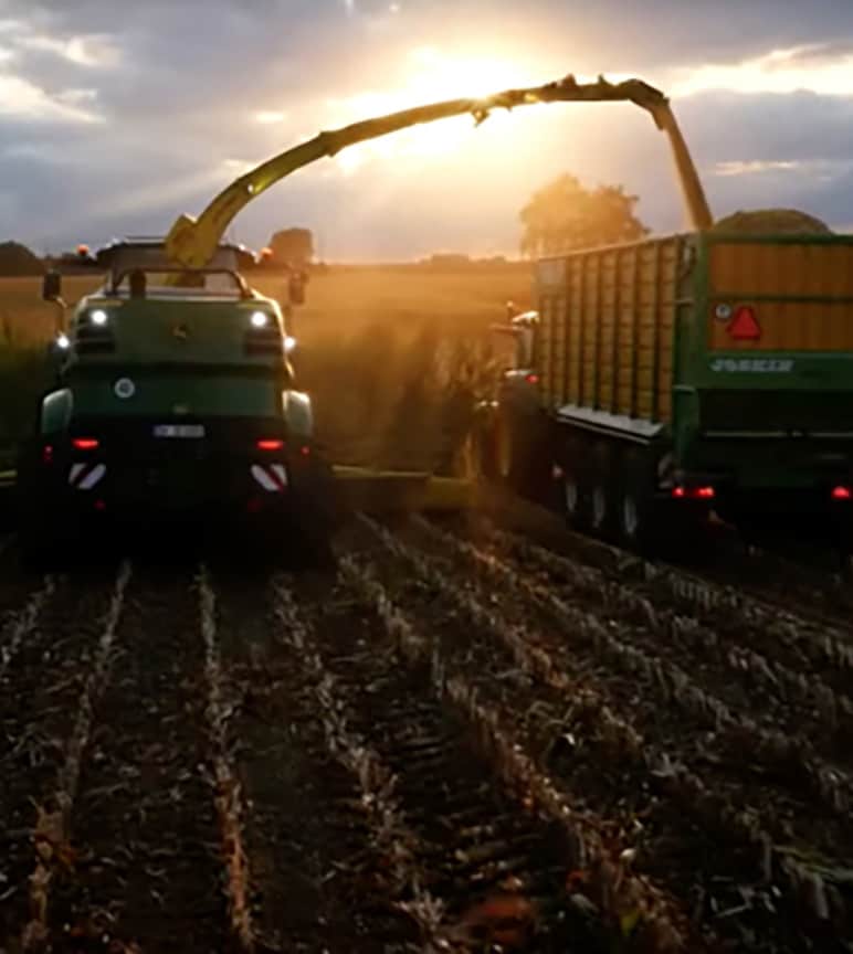 Deere equipment in a field driving towards the sun