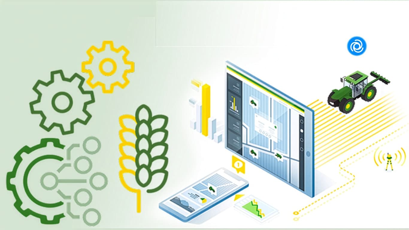 Technology graphic representing tractor in field connected to accounts on desktop and mobile