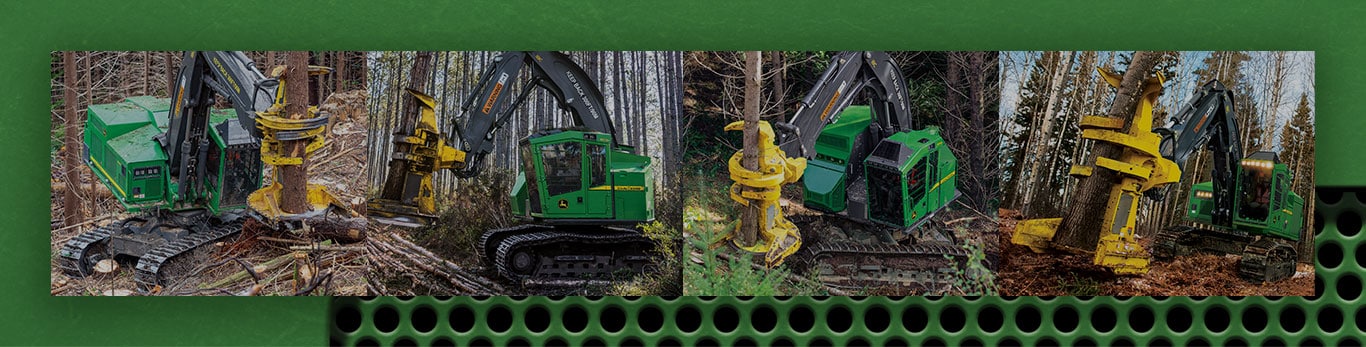 John&nbsp;Deere tracked Feller Buncher collage image of machines working in the woods.