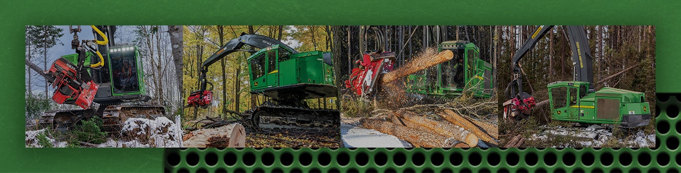 John&nbsp;Deere tracked harvester collage image of machines working in the woods.