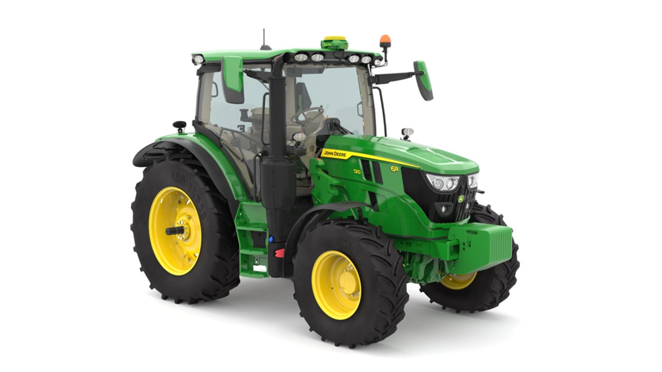 Studio image of the front right side view of a green 6R 120 Utility Tractor.