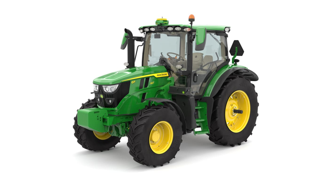 Studio image of the front left view of a green 6R 140 Utility Tractor.