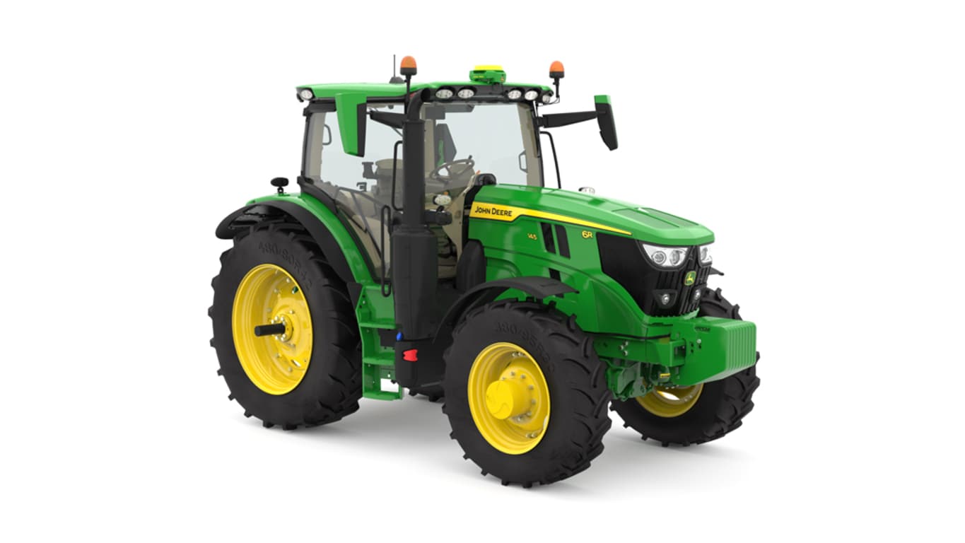 Studio image of the front right side of a green 6R 145 Row Crop Tractor.