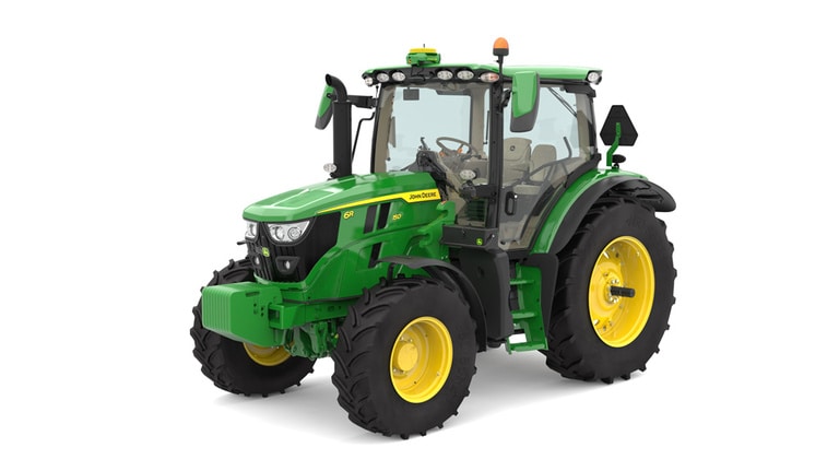 Studio image of the front left side view of a green 6R 150 Utility Tractor.