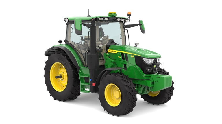 Studio image of the front right side view of a green 6R150 Utility Tractor.