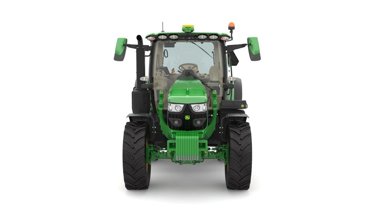 Studio image of the front side view of a green 6R 150 Utility Tractor.