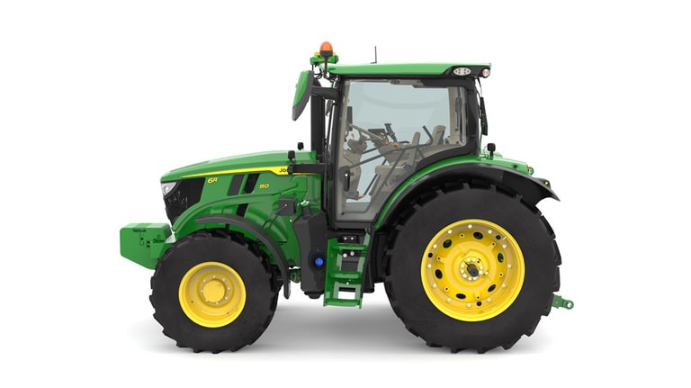 Studio image of the left side view of a green 6R 150 Utility Tractor.