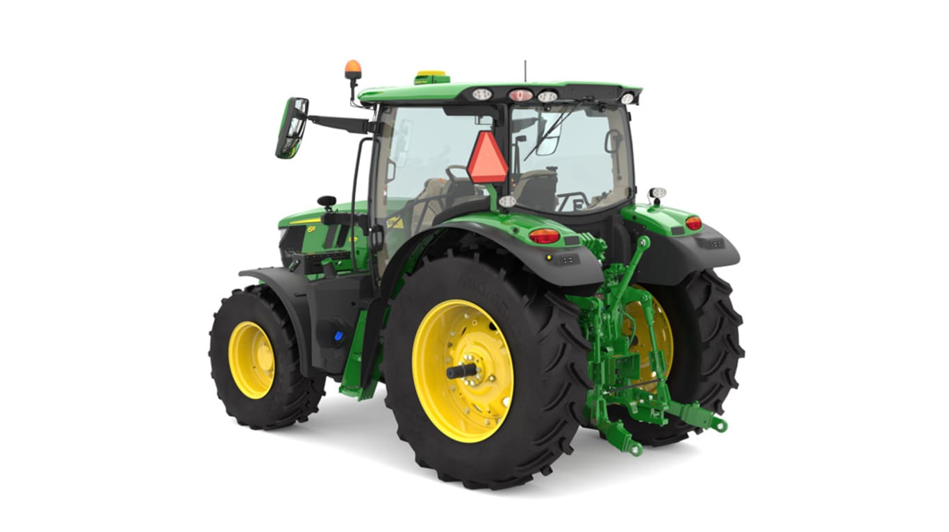 Studio image of the rear left side view of a green 6R 150 Utility Tractor.