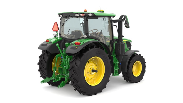 Studio image of the rear right side view of a green 6R 150 Utility Tractor.