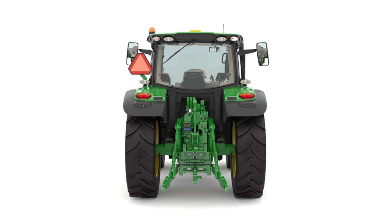 Studio image of the rear side view of a green 6R 150 Utility Tractor.