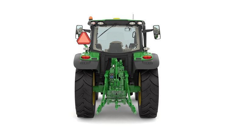 Studio image of the rear side view of a green 6R 150 Utility Tractor.