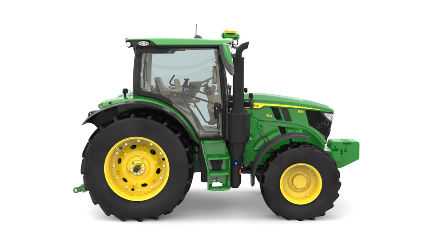 Studio image of the right side view of a green 6R 150 Utility Tractor.