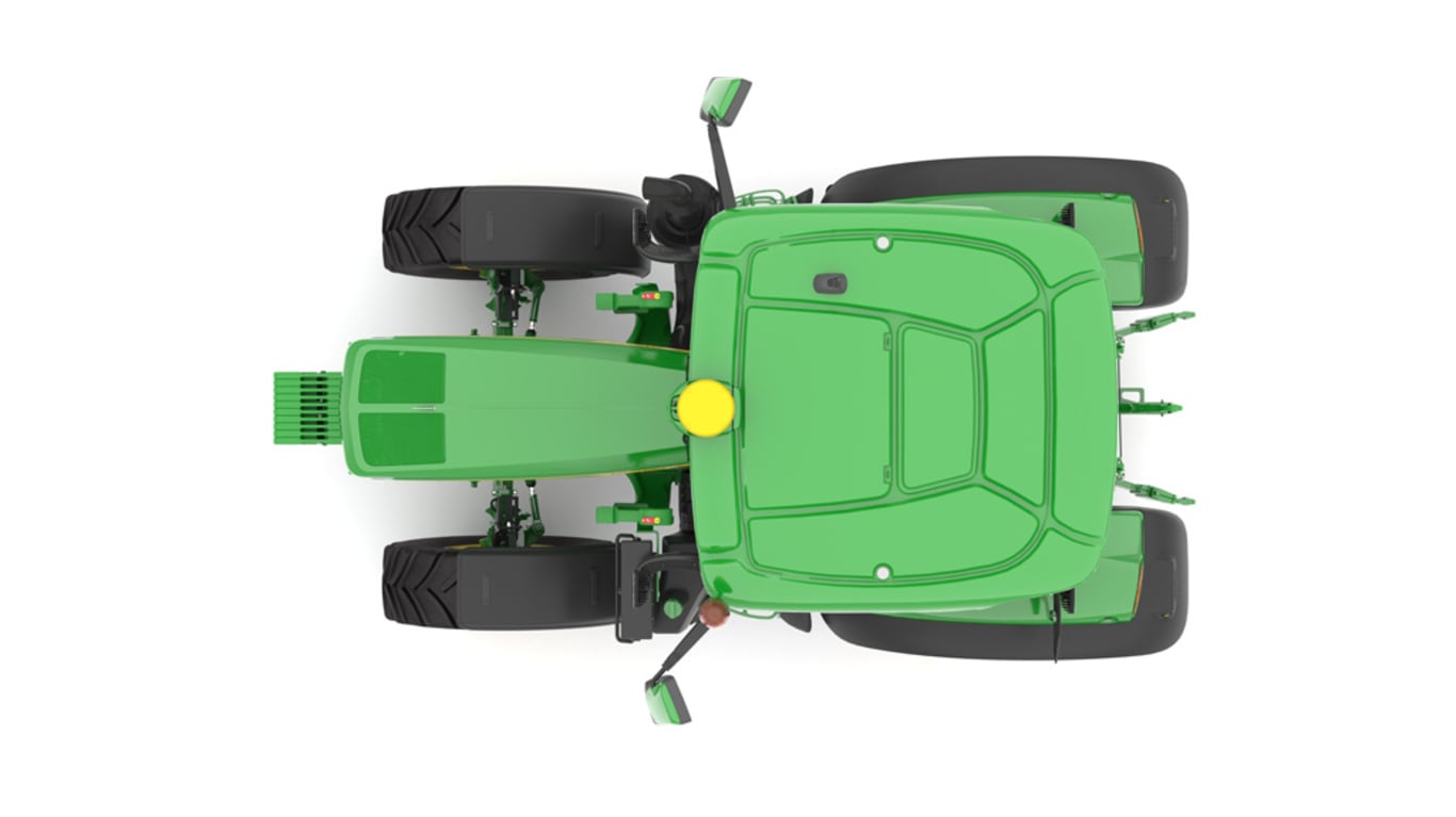 Studio image of the top view of a green 6R 150 Utility Tractor.