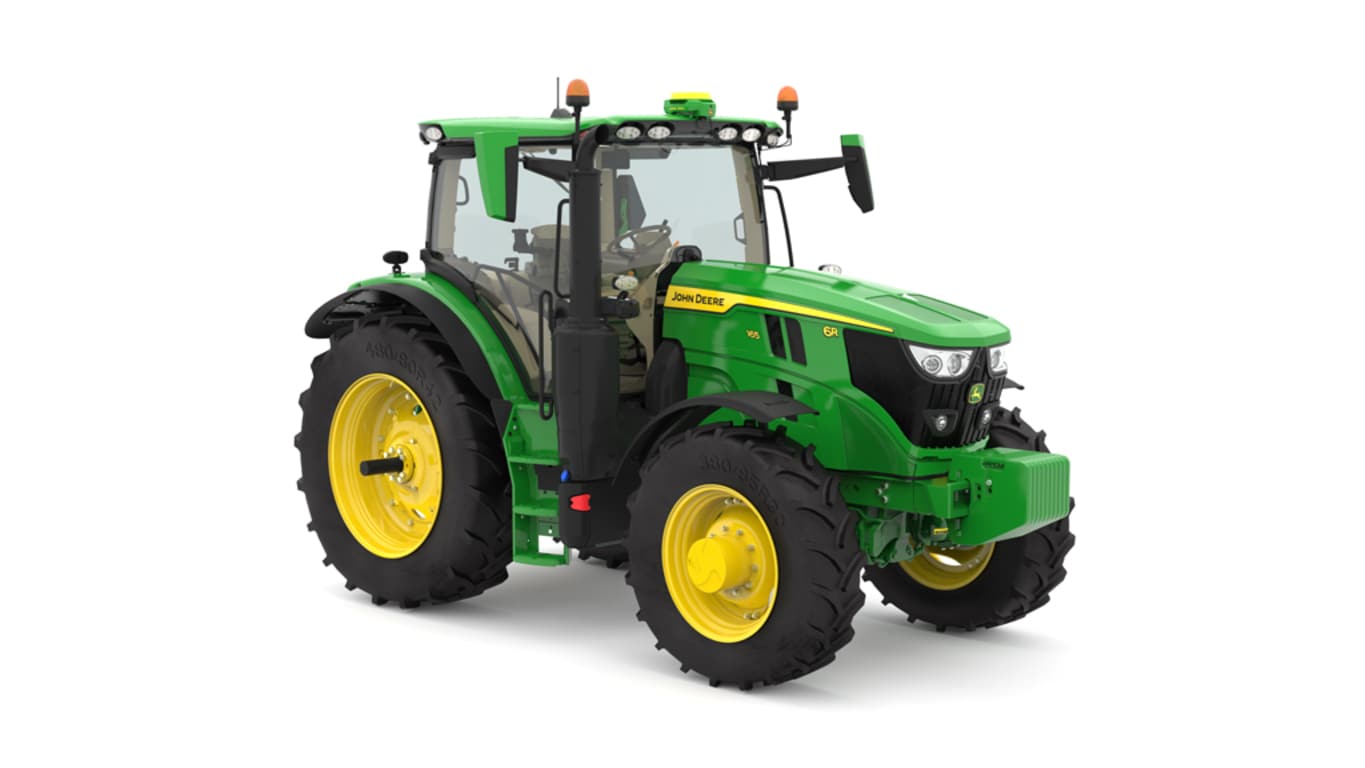 Studio image of the front right side view of a green R6 165 Row Crop Tractor.