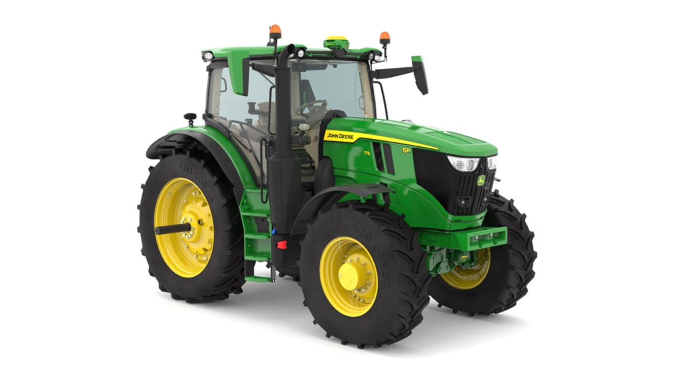 Studio image of the front right side view of a green 6R 175 Row Crop Tractor.