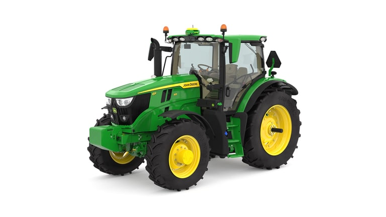 Studio image of the front right side view of a green 6R 185 Utility Tractor.