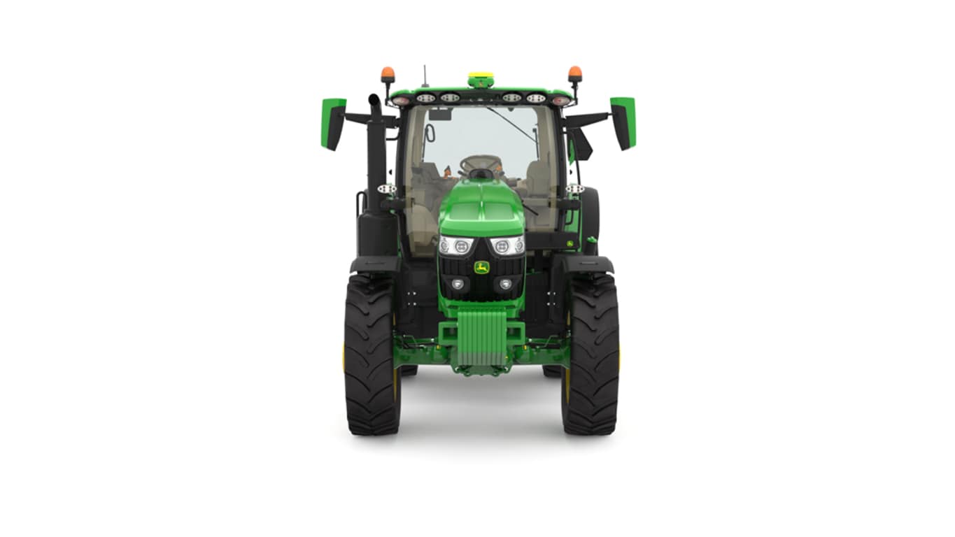 Studio image of the front side view of a green 6R 185 Utility Tractor.