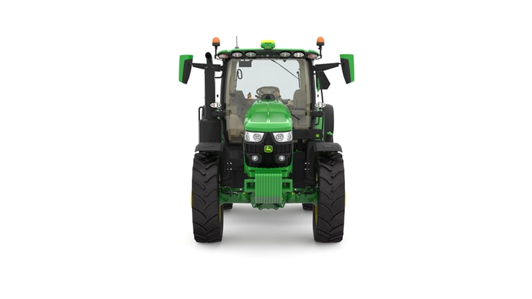 Studio image of the front side view of a green 6R 185 Utility Tractor.