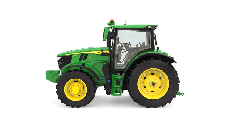 Studio image of the left side view of a green 6R 185 Utility Tractor.
