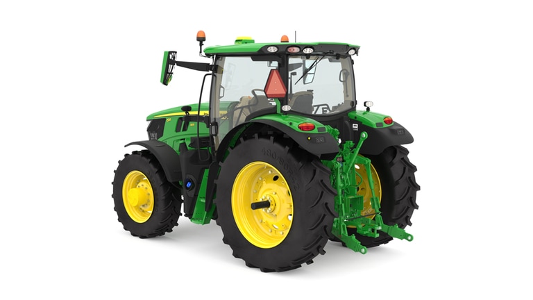 Studio image of the rear left side view of a green 6R 185 Utility Tractor.