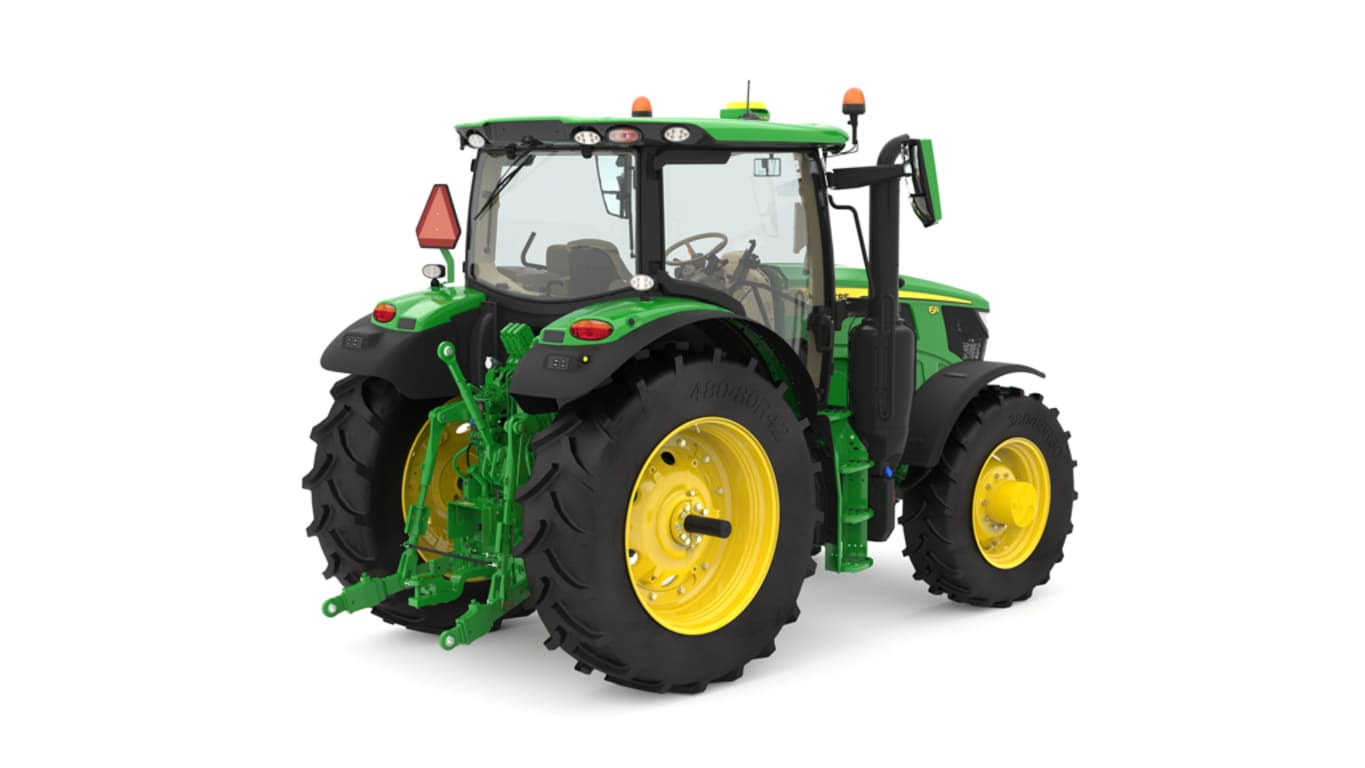 Studio image of the rear right side view of a green 6R 185 Utility Tractor.