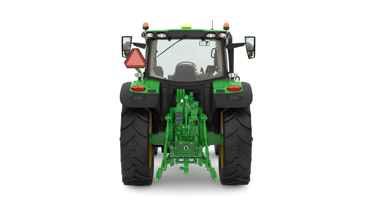 Studio image of the rear side view of a green 6R 185 Utility Tractor.