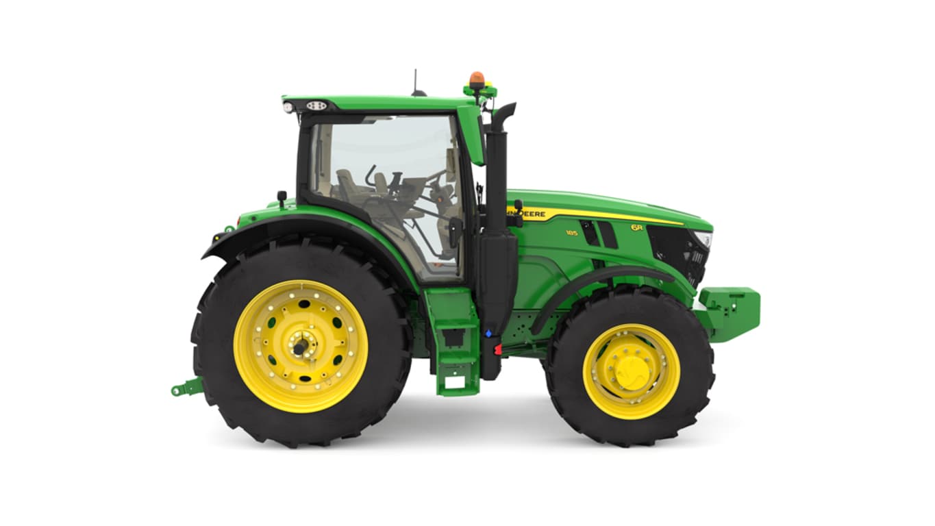Studio image of the right side view of a green 6R 185 Utility Tractor.