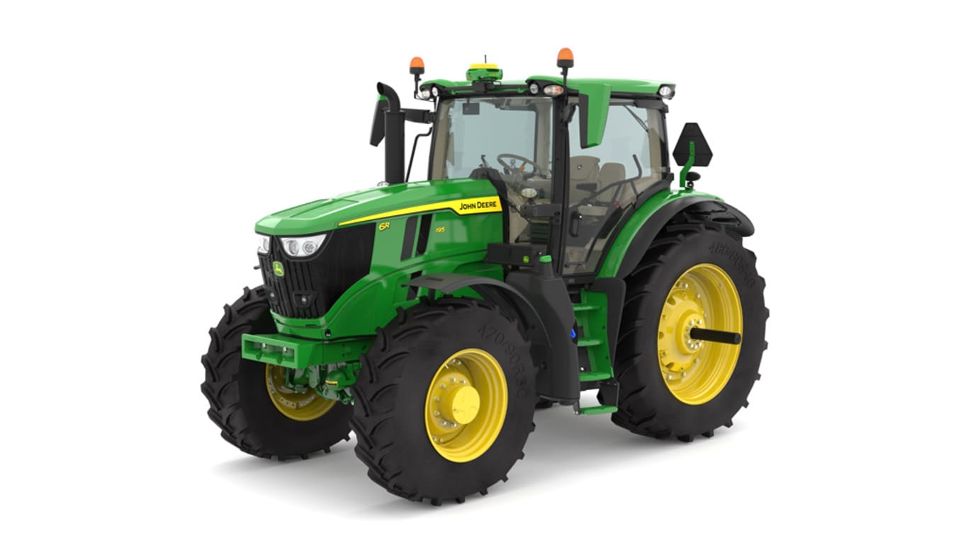 Studio image of the front left side view of a green 6R 195 Row Crop Tractor.