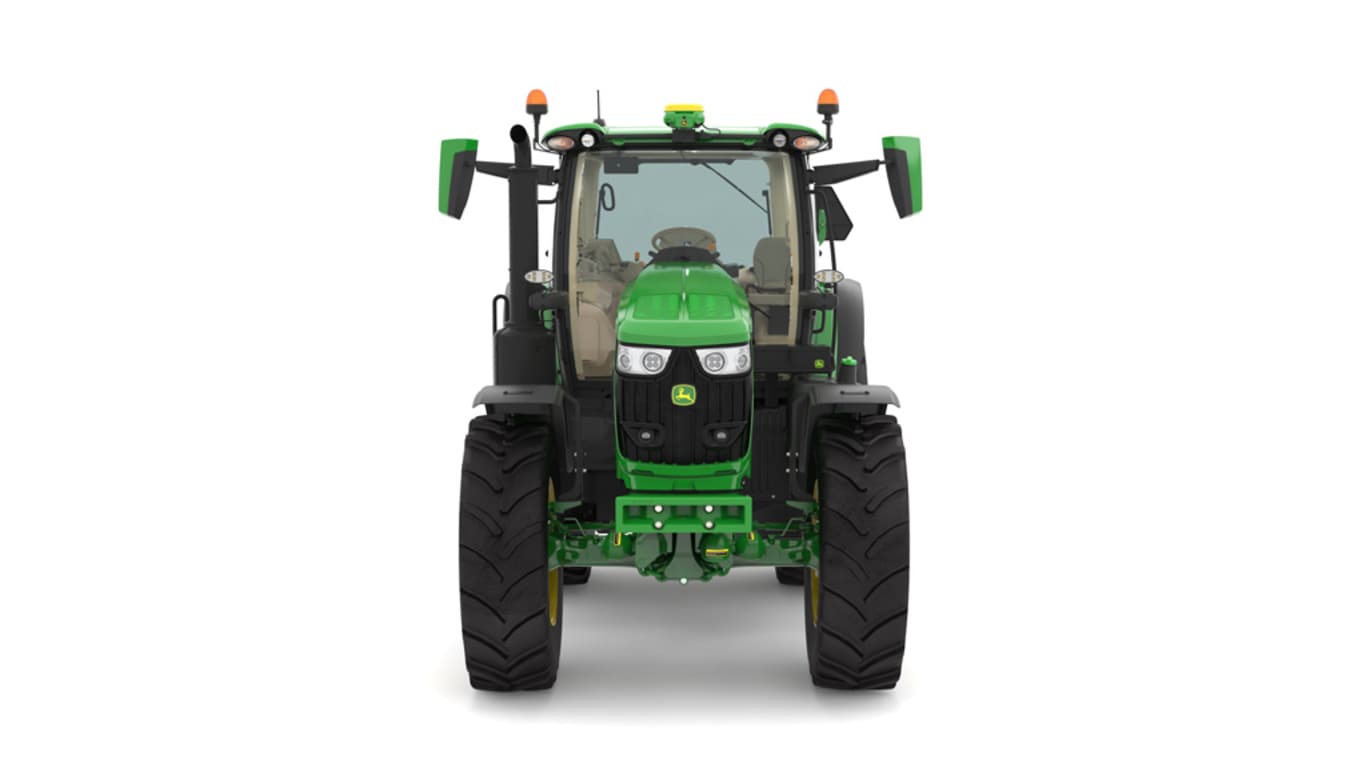 Studio image of the front side view of a green 6R 195 Row Crop Tractor.