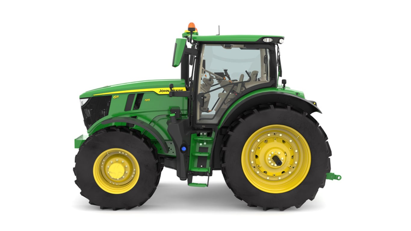 Studio image of the left side view of a green 6R 195 Row Crop Tractor.