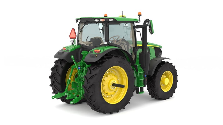 Studio image of the rear right side view of a green 6R 195 Utility Tractor.