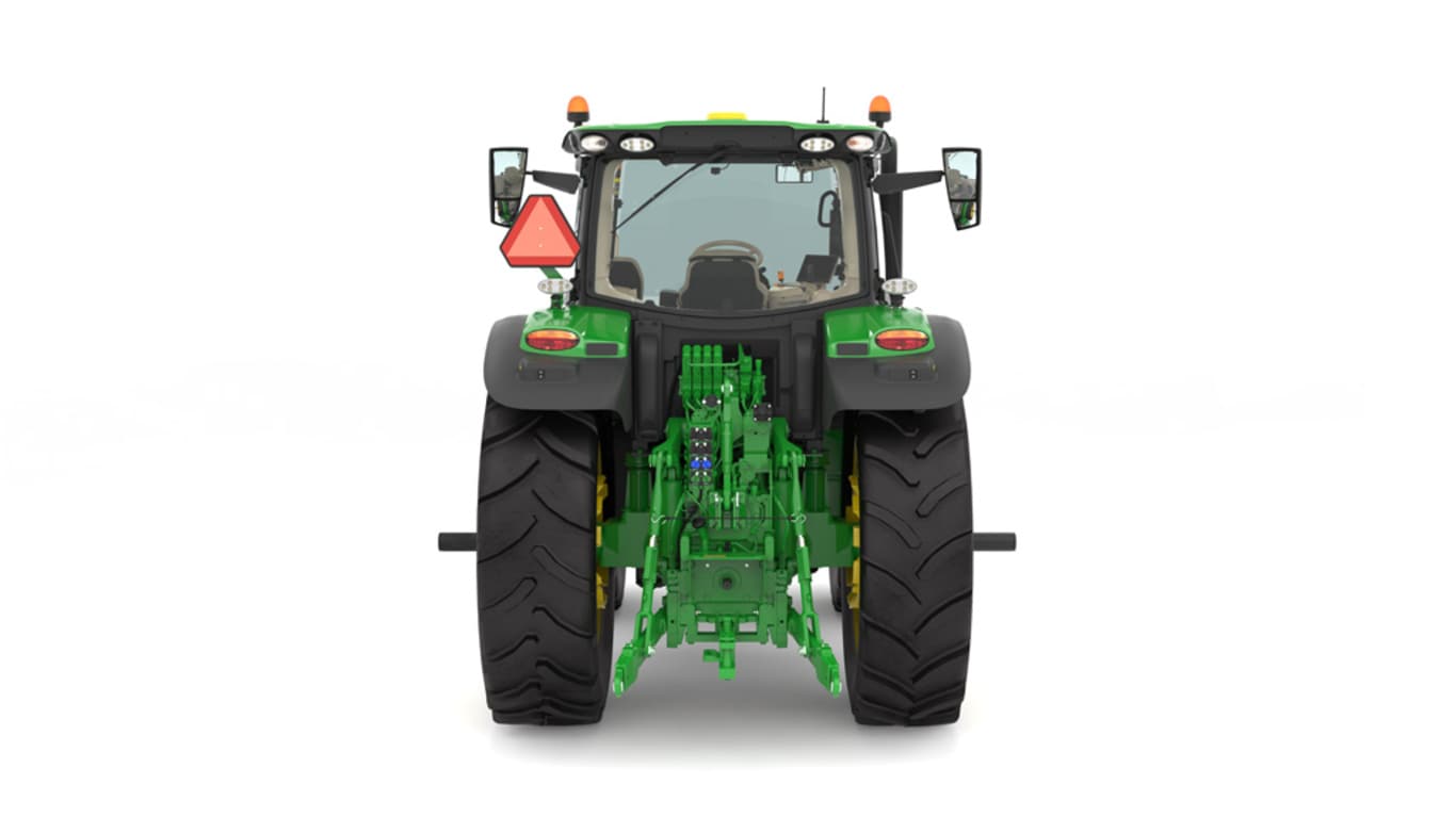 Studio image of the rear side view of a green 6R 195 Crop Row Tractor.