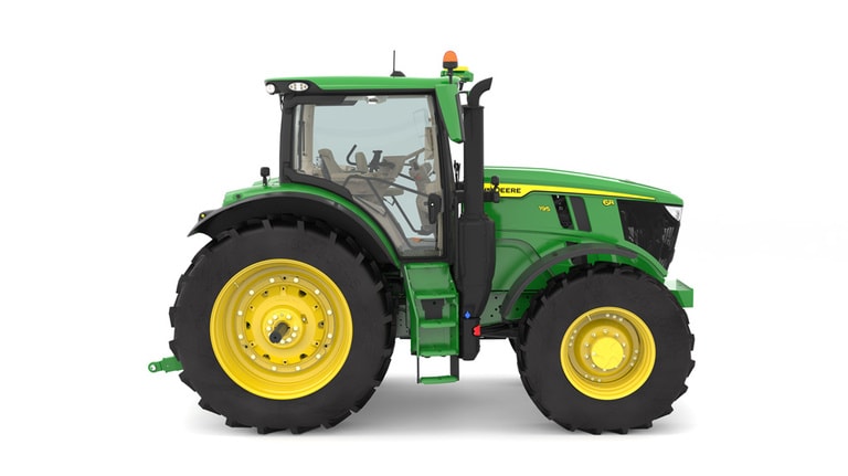 Studio image of the right side view of a green 6R 195 Crop Row Tractor.