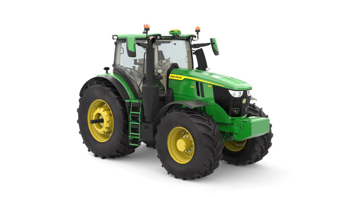Studio image of the front right side view of a green 6R 250 Utility Tractor.