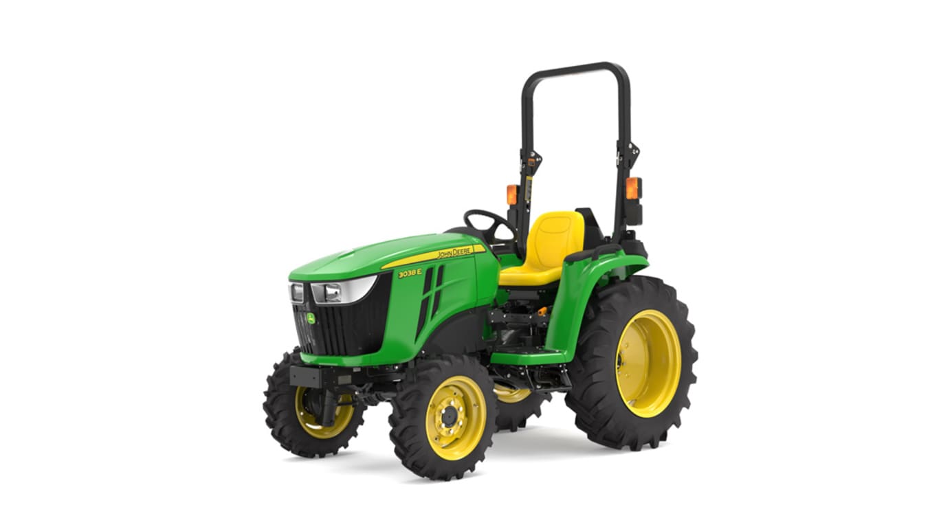 Front-left facing 3038E Compact Tractor on a white background
