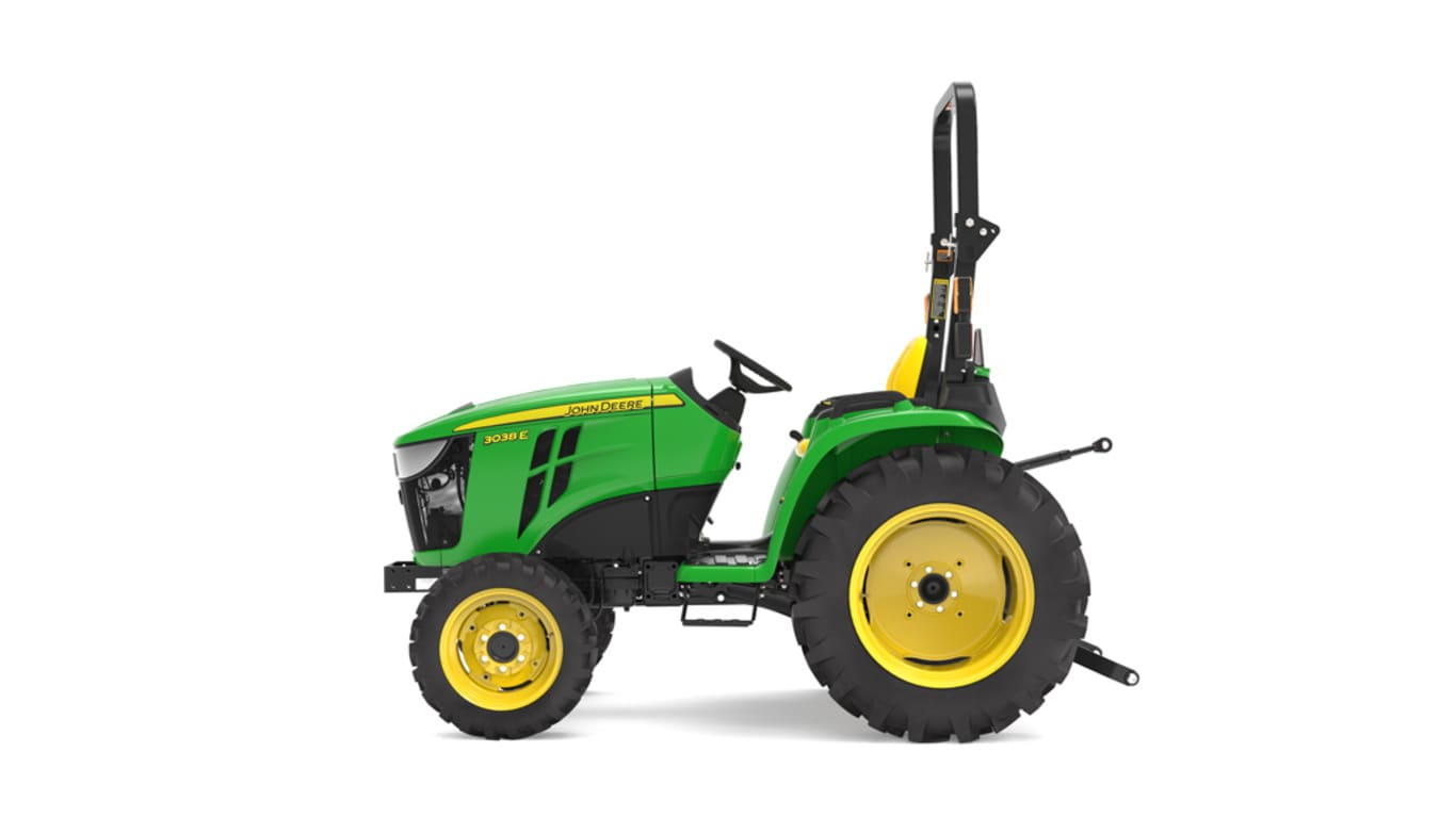 Left facing 3038E Compact Tractor on a white background