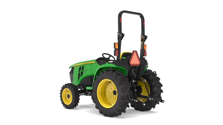 Rear left-facing 3038E Compact Tractor on a white background