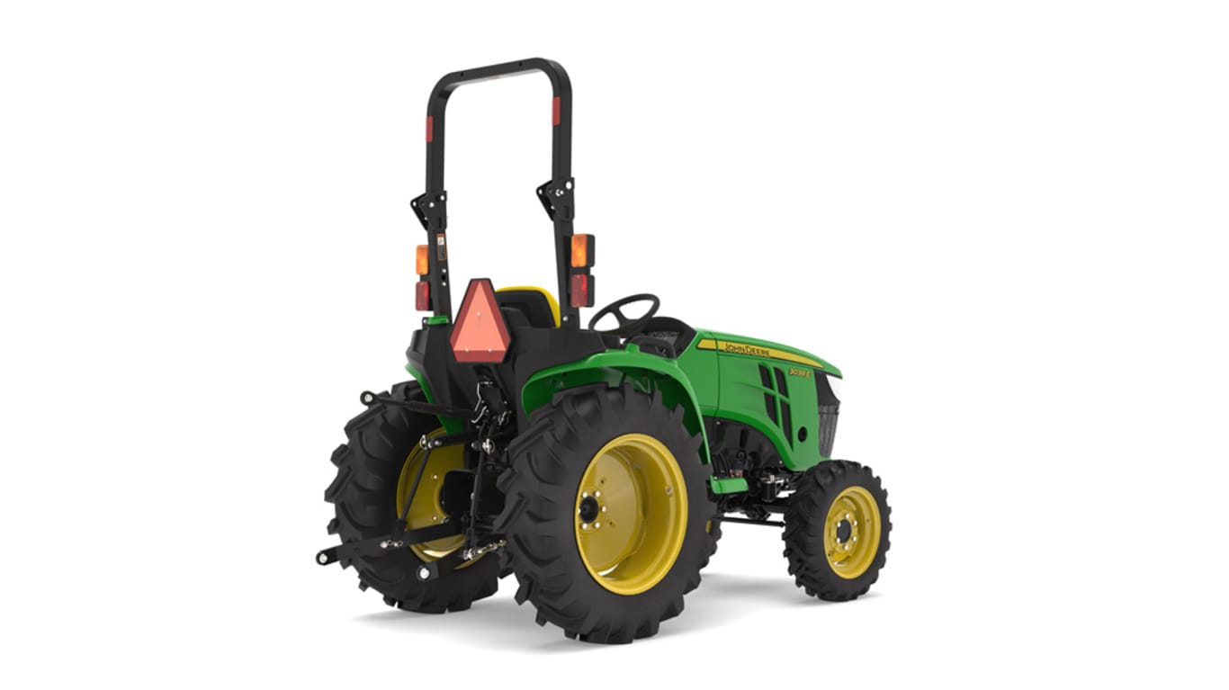 Rear right-facing 3038E Compact Tractor on a white background