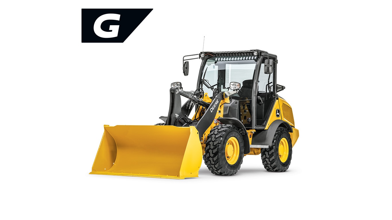John Deere 204 G‑Tier compact wheel loader with enclosed cab and front bucket on a white background.