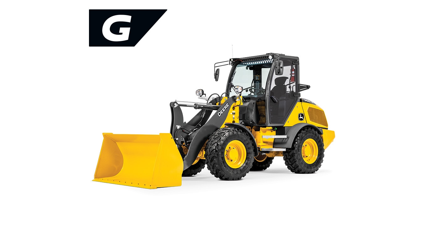 John Deere 304 G‑Tier compact wheel loader with enclosed cab and front bucket on a white background.