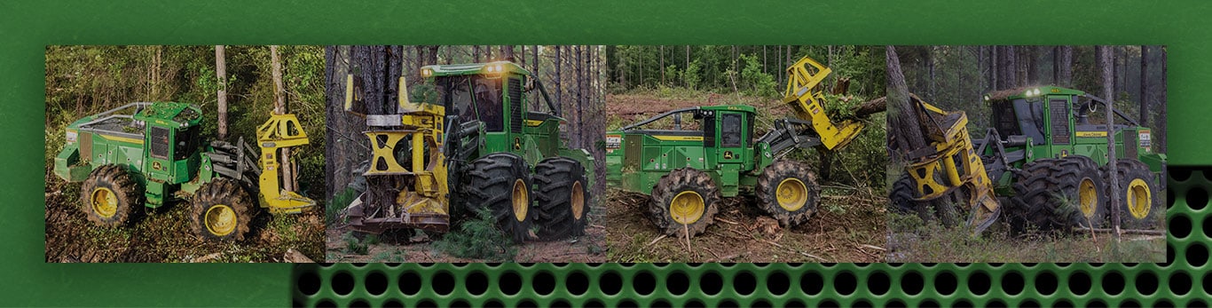 John&nbsp;Deere Wheeled Feller Buncher collage image of machines working in the woods.