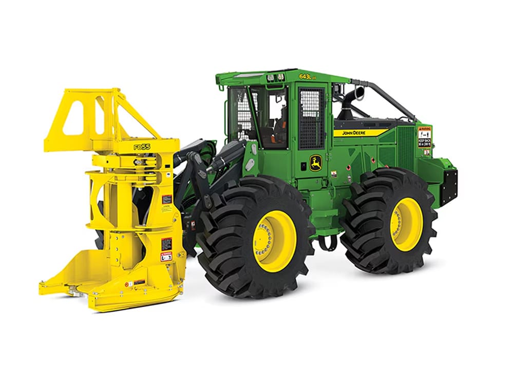 Left-front facing 643I III Wheeled Feller Buncher