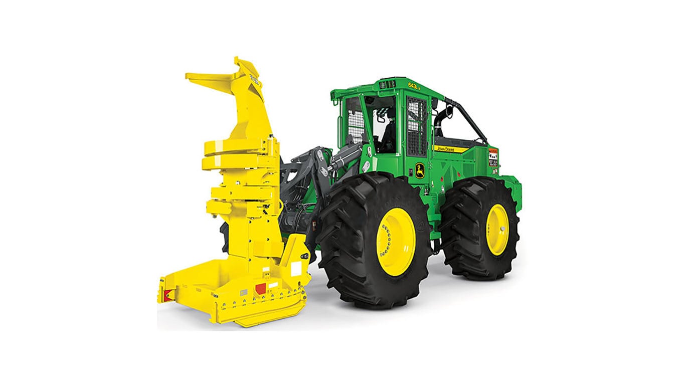 643L II Wheeled Feller Buncher with white background.