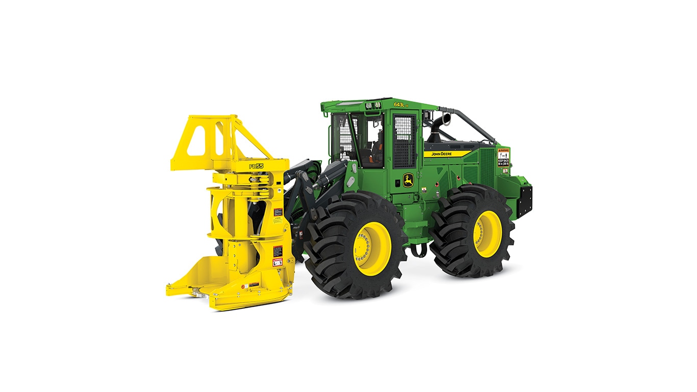 643L III Wheeled Feller Buncher with white background.
